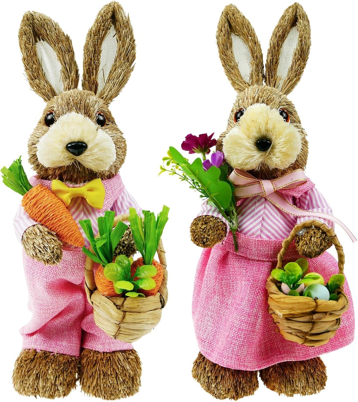 Set of 2pcs,14" H Easter Straw Bunny Figurine Tabletop Decor, Pink Sisal Rabbit Couple Statue with Carrots&Eggs, Spring Party Garden Table Decor Centerpiece for Home Office Kitchen Farmhouse;